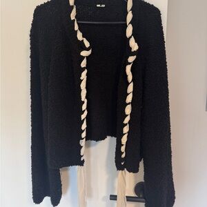 Arket Black Knit Open Cardigan with Cream Braided Ties